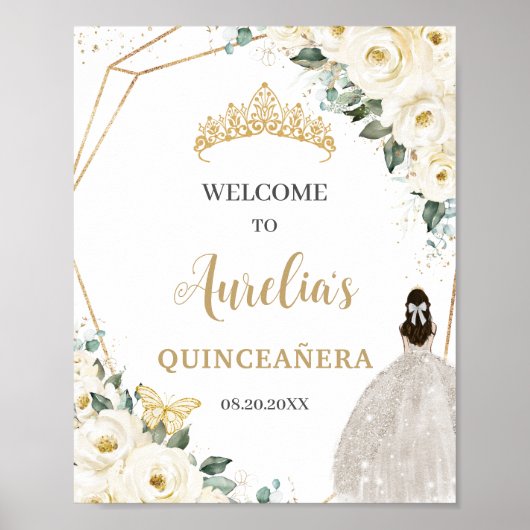 Witte Rozen Bloemstuk Quinceañera 15 Verjaardag We Poster (Voorkant)