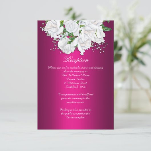 Witte rozen Boho Fuchsia Pink Weddenschap Informatiekaartje (Staand voorkant)