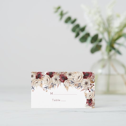 witte rozen bordeaux papavers bruiloft plaatskaartje (Staand voorkant)