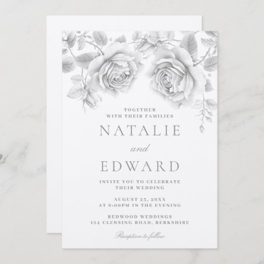 witte rozen bruiloft kaart (Voorkant / Achterkant)