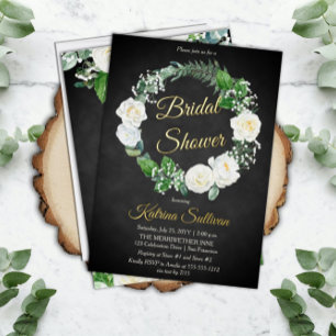 Witte Rozen Bruiloftsfeest met Eucalyptusgroen F Folie Uitnodiging