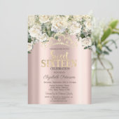 Witte Rozen, Confetti, Crown Roos Gold Sweet 16 Kaart (Staand voorkant)