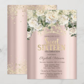 Witte Rozen, Confetti, Crown Roos Gold Sweet 16 Kaart (Voorkant / Achterkant)