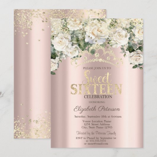 Witte Rozen, Confetti, Crown Roos Gold Sweet 16 Kaart (Voorkant / Achterkant)