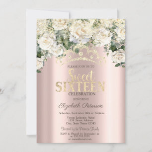Witte Rozen,Confetti,Kroon Roze Goud Sweet 16 Kaart