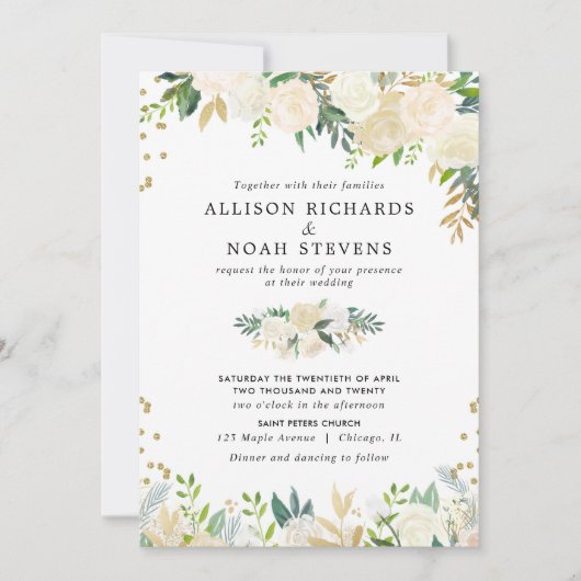 Witte rozen crème goud elegante bloemen bruiloft kaart (Voorkant)