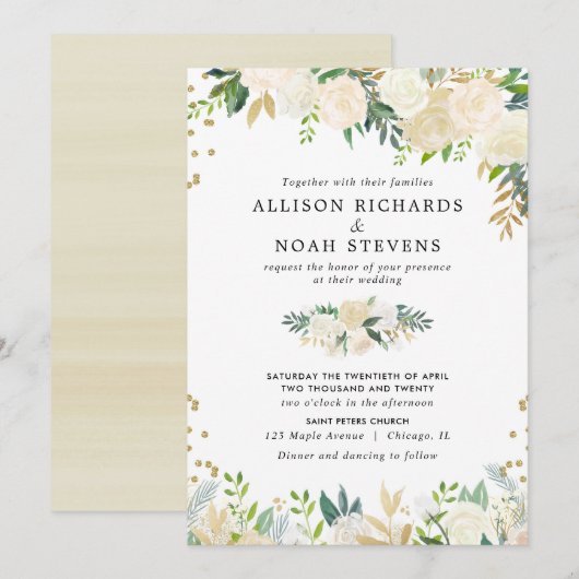 Witte rozen crème goud elegante bloemen bruiloft kaart (Voorkant / Achterkant)