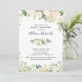 Witte rozen crème goudelegant florale baby shower kaart (Staand voorkant)
