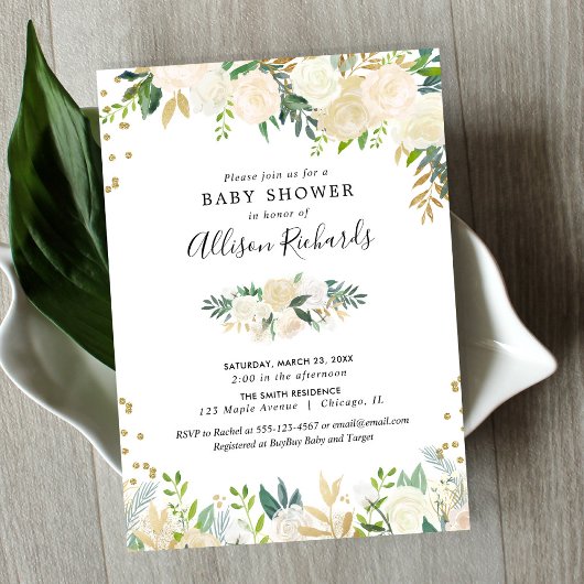 Witte rozen crème goudelegant florale baby shower kaart