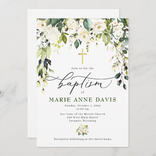 Witte Rozen Doop Uitnodiging (Voorkant / Achterkant)