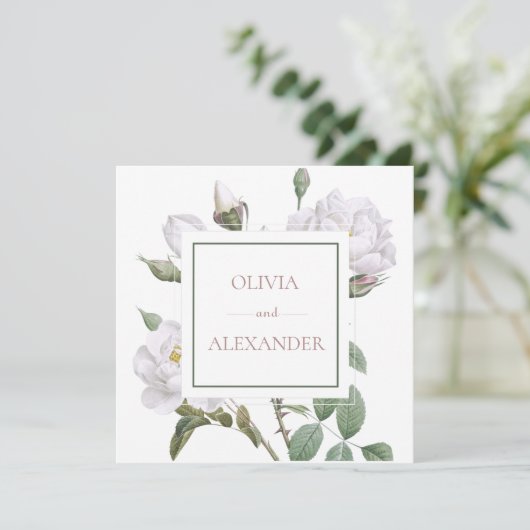 Witte Rozen Elegant Bloemen Bruiloft Kaart (Staand voorkant)