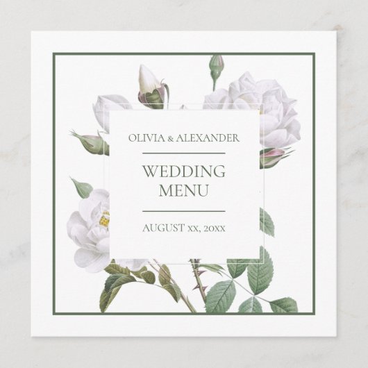 Witte Rozen Elegant Bloemen Bruiloft Menu (Voorkant)