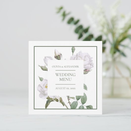Witte Rozen Elegant Bloemen Bruiloft Menu (Staand voorkant)