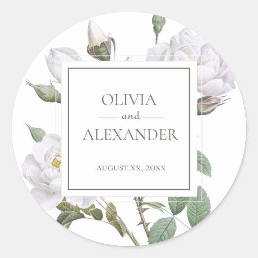 Witte Rozen Elegant Bloemen Bruiloft Ronde Sticker (Voorkant)