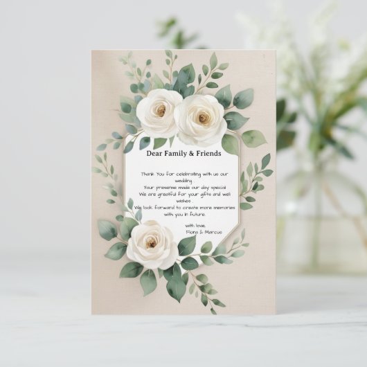 Witte Rozen & Elegant Groen Rustiek Boho Huwelijk Bedankkaart (Staand voorkant)