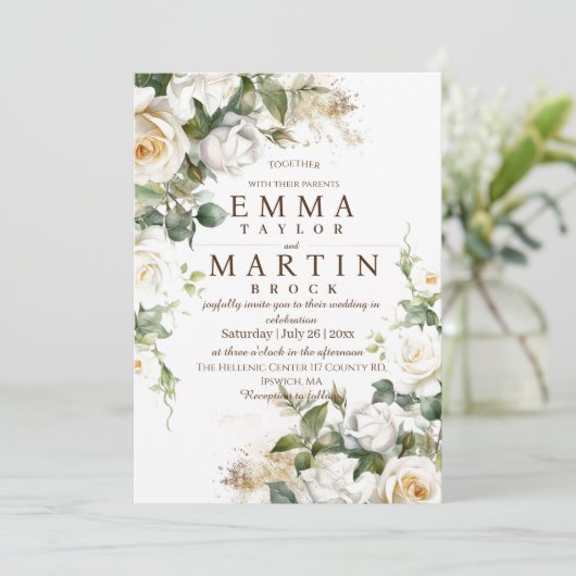 Witte Rozen Elegante Bloem bruiloft Kaart (Staand voorkant)