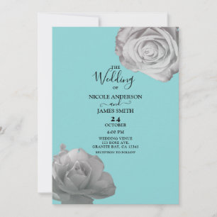 Witte Rozen Elegante Bloem Turquoise Blauwe Trouwd Kaart