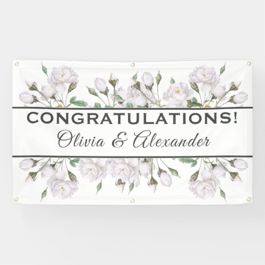 Witte Rozen Elegante Bloemen Bruiloft Banner (Horizontaal)