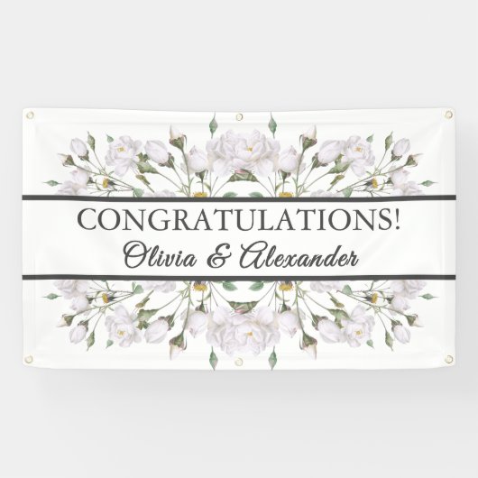 Witte Rozen Elegante Bloemen Bruiloft Banner (Horizontaal)