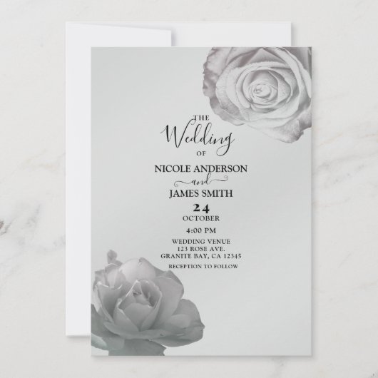 Witte Rozen Elegante Bloemen Zilver Grijs Huwelijk Kaart (Voorkant)