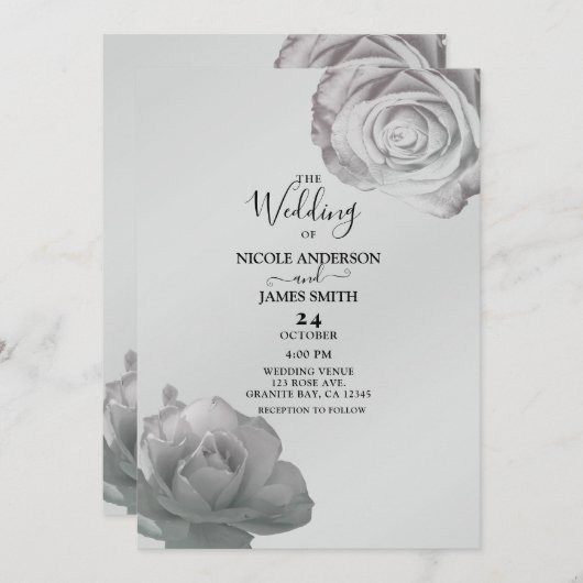 Witte Rozen Elegante Bloemen Zilver Grijs Huwelijk Kaart (Voorkant / Achterkant)