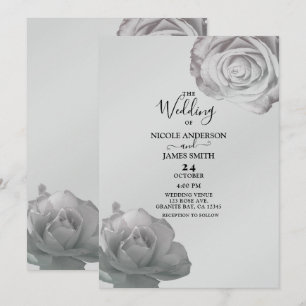Witte Rozen Elegante Bloemige Zilveren Grijs Huwel Kaart