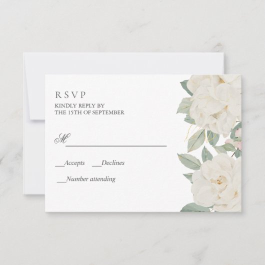 WITTE ROZEN ELEGANTE Botanische BRUILOFT RSVP Kaartje (Voorkant)
