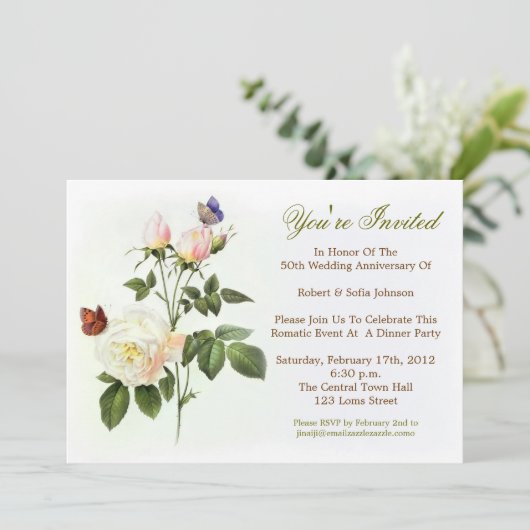 Witte rozen elegante jubileum uitnodigingen (Staand voorkant)