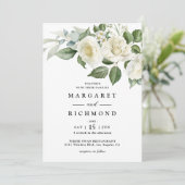 Witte Rozen Elegante Waterverf Bloemen Huwelijk Kaart (Staand voorkant)