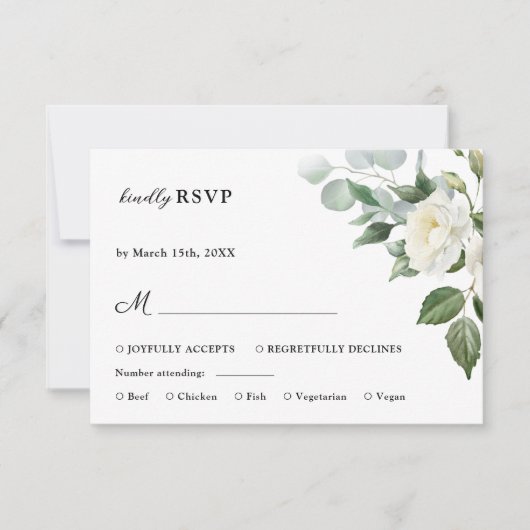 Witte Rozen Elegante Waterverf Bloemen Huwelijk RS RSVP Kaartje (Voorkant)
