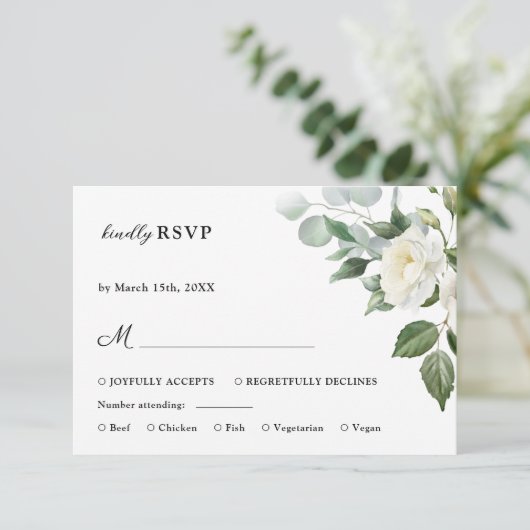 Witte Rozen Elegante Waterverf Bloemen Huwelijk RS RSVP Kaartje (Staand voorkant)