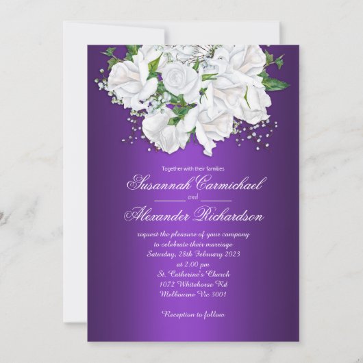 Witte Rozen Elegantie Paarse bruiloft uitnodiging (Voorkant)