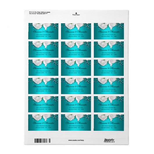 Witte rozen en Aqua Elegant Wedding Etiket (Full Sheet)