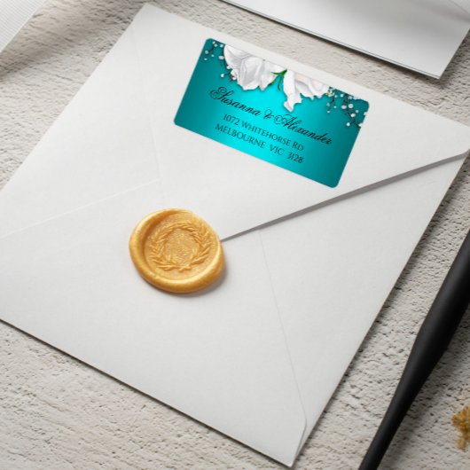 Witte rozen en Aqua Elegant Wedding Etiket