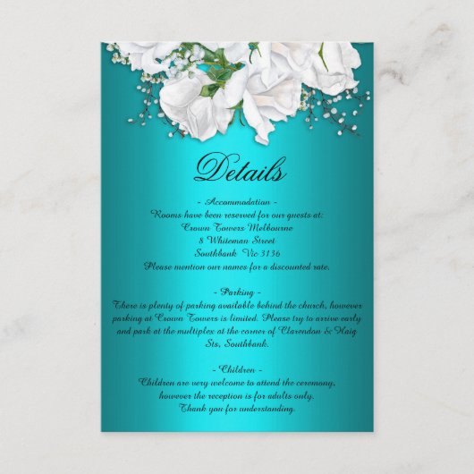  witte rozen en Aqua Wedding - Gegevens Informatiekaartje (Voorkant)