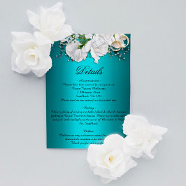  witte rozen en Aqua Wedding - Gegevens Informatiekaartje