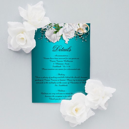  witte rozen en Aqua Wedding - Gegevens Informatiekaartje