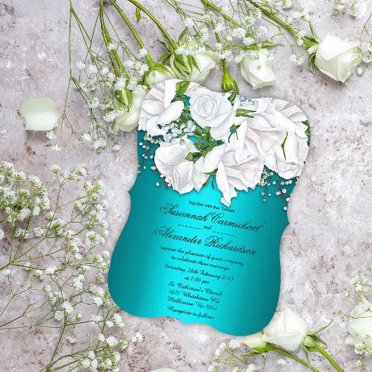 Witte rozen en Aqua Wedding Kaart