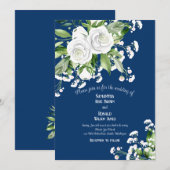 Witte rozen en baby's adem op marineblauwe bruilof kaart (Voorkant / Achterkant)