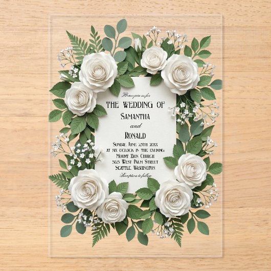 Witte Rozen en Baby's Breath Acryl Bruiloft Uitnodigingen (Voorkant)
