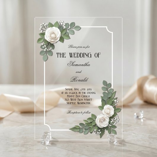 Witte Rozen en Baby's Breath Acryl Bruiloft Uitnodigingen