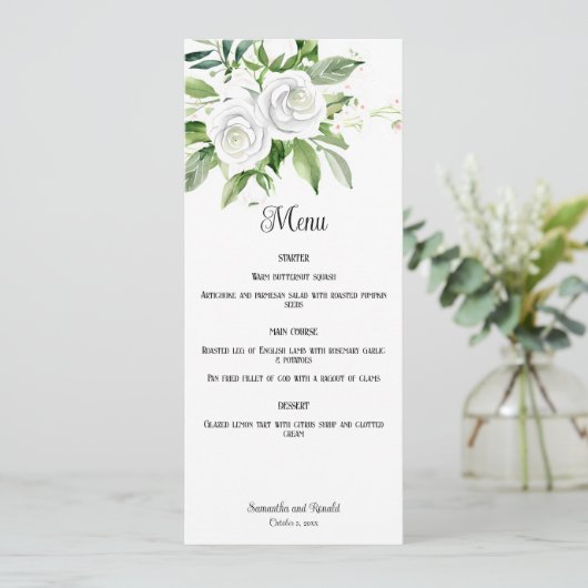 Witte Rozen en Baby's Breath Bruiloft Menu Kaart (Staand voorkant)