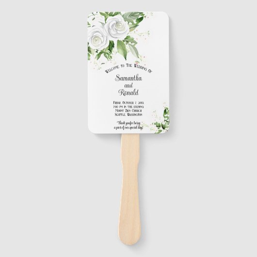 Witte Rozen en Baby's Breath bruiloft programma Handwaaier (Voorkant)
