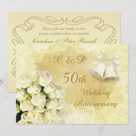 Witte rozen en belletjes 50ste huwelijksverjaardag kaart (Voorkant / Achterkant)