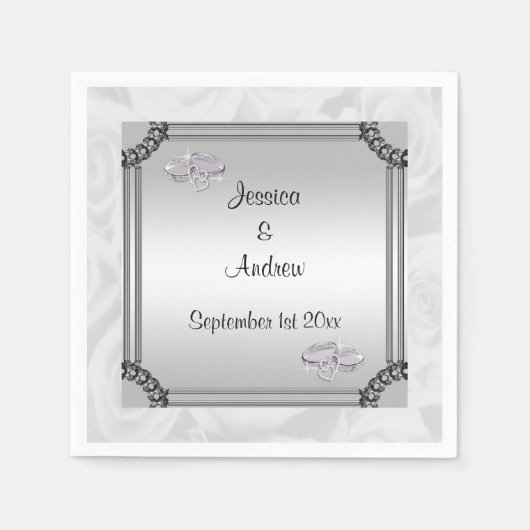 Witte rozen en diamanten trouwringen servetten (Voorkant)