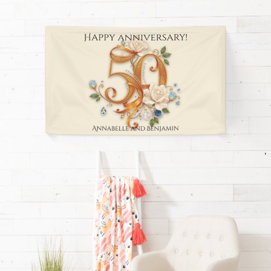 Witte rozen en edelstenen Gouden 50e Jubileum Spandoek (Insitu)