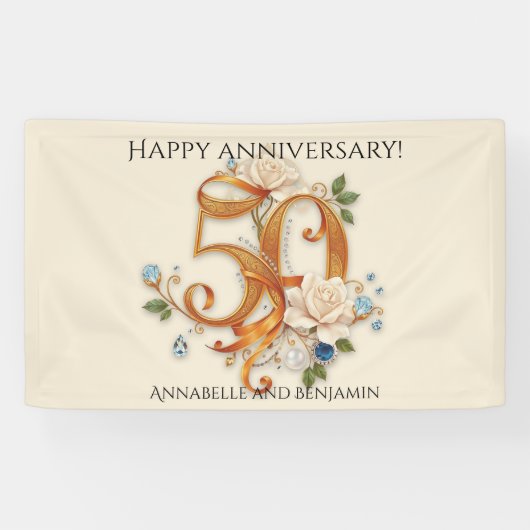 Witte rozen en edelstenen Gouden 50e Jubileum Spandoek (Horizontaal)