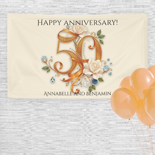 Witte rozen en edelstenen Gouden 50e Jubileum Spandoek