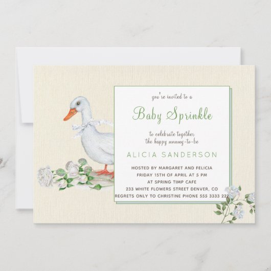 Witte rozen en gans baby strooi uitnodiging (Voorkant)