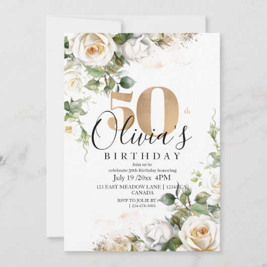 Witte Rozen en Goud Elegante Bloem 50e Verjaardag Kaart (Voorkant)